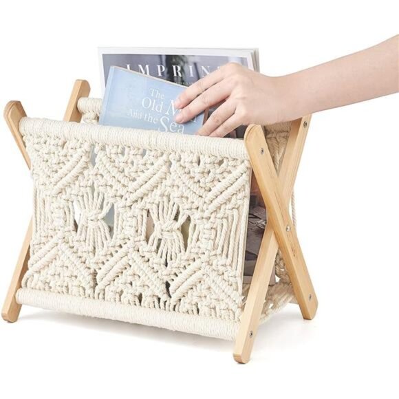 Macrame Magazine Rack Boho Storage Holder Standing Basket for Books, Newspapers - Picture 12 of 14